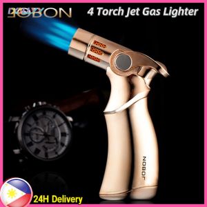 [🇵🇭 24h Delivery] Dollyy Cigar lighter 4 Torch Jet Gas Lighter Blue Flame Creative Metal Outdoor Windproof Butane Kitchen Baking BBQ Tools