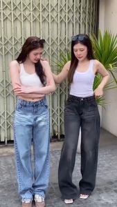 Acasey กางเกงยีนส์ผู้หญิง ขายาว กระบอกใหญ่ลิซ่า Aster Jeans ผ้าไม่ยืด ไซส์ S - 40