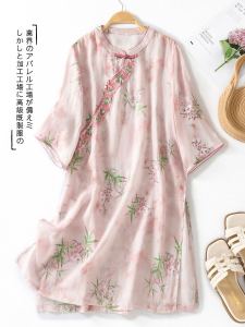 High-End Hemp Print Midi Shirt Women Summer Retro Stand Collar Loose Slit Cotton Linen Top Commute Style Five Sleeve Length