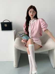 Pink Lace Splice Womens Shirt Summer French Vintage Court Style Sweet Small Size Ruffle Bubble Sleeve Blouse Commute Pure Color