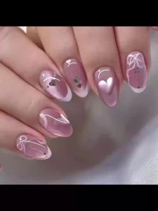 Bộ Móng Giả Hạnh Nhân Trung Bình Dành Cho Nữ & Bé Gái Màu Hồng Nude Bóng Mượt Kiểu Mắt Mèo Thiết Kế Nơ Hình Trái Tim Hoặc Ngôi Sao Bộ Dụng Cụ Dán Móng Đầy Đủ.