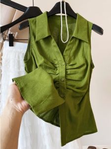 AEJUONOS | Sleeveless POLO Collar Single Button Ruffled Design Womens Blouse