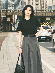 High-End Premium Black Pure Cotton Short Sleeve Womens T-Shirt Shoulder-Appropriate Summer Korean Style Simple Solid Color Base Shirt Top