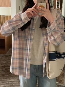 Áo Sơ Mi Cotton Dài Tay Màu Hồng Nhạt Phong Cách Lười Biếng Cho Nữ Mùa Xuân Thu Phong Cách Hàn Quốc Rộng Rãi Thường Ngày Áo Khoác Ngoài