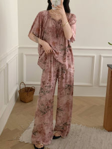 Bộ Đồ Ngủ Lụa Cotton Mùa Hè Cho Nữ Bộ Đồ Mặc Nhà in Họa Tiết Mùa Hè 2025 Bộ Đồ Ngủ Cotton Polyester Rộng Tay Ngắn Quần Dài