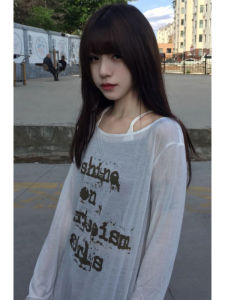 YUEZHONGWEI | Retro American Letter Print One Shoulder Long Sleeve T-Shirt Women Summer Thin Micro Translucent Outerwear Top Casual Style