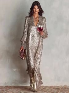 European American Spring Autumn New Fashion Solid Color V Neck Long-sleeve Split Sequin Dress INS Casual Loose Party Dress