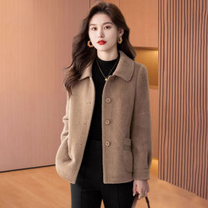 MAIMEI | Womens Fashionable Short Fur Coat Integrated Woolen Jacket Korean Style Slim Fit Long Sleeve Polo Collar Single Button Closure