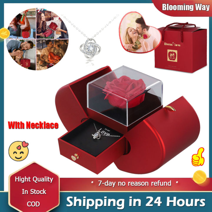 🚚 บริการจัดส่งในพื้นท้อง🚚กล่องของขวัญกุหลาบที่เก็บรักษาไว้พร้อมสร้อยคอ ...