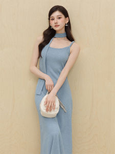 La Chapelle Blue Strapless Gown Korean Style High Waist Long Dress Summer Fashion Elegant Bodycon Dress Knitted Sleeveless