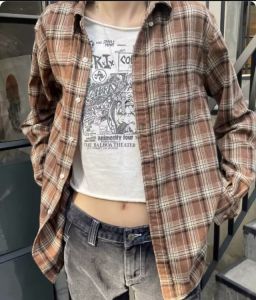 Brandy Girl Bm Kẻ Sọc Cài Nút Áo Sơ Mi Công Sở Cho Nữ Dáng Rộng Vintage Áo Sơ Mi Phong Cách Mỹ Cho Tiệc Sinh Nhật 18-24