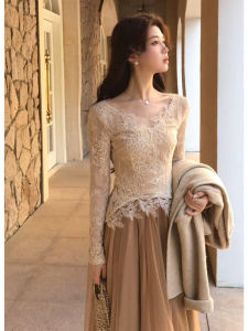 Elegant Lace Dress Set High Waist A-Line Skirt Long Sleeve Button Closure Commute Friendly Fashionable Autumn Winter Outfit
