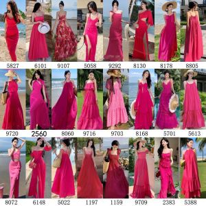 Elegant Pink Hibiscus Loose Neckline Summer Dress Womens Beach Vacation Beachside Casual High Waist Bubble Sleeve Long Dress