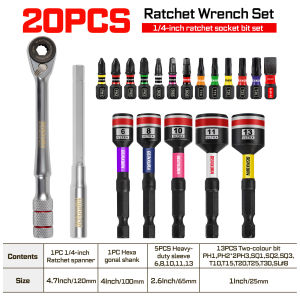 Geinxurn 1/4-inch Ratchet Wrench Set with 2.56 Heavy Duty Socket 1 Magnetic S2 Steel Bits Set with Color Coded Base for DIY
