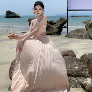 ชุดเดรสยาวผ้าโพลีเอสเตอร์ทรงเอแขนสั้นสไตล์หวานสำหรับงานปาร์ตี้วันเกิดชายหาด ชุดเดรสยาวปานกลางสีพื้น ชุดราตรียาว