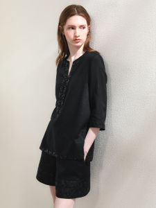 Miccbeirn | Pure Linen Embroidered V-neck Womens Casual Shirt Vintage Style Fashionable Versatile Seven-sleeve Bright Sequin Decorated Top