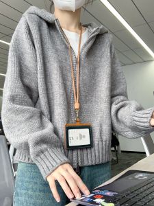 สีเทาเข้ม มีฮู้ด Double ซิป Knit เสื้อสเวตเตอร์ Coat ผู้หญิง ฤดูใบไม้ผลิ ฤดูใบไม้ร่วง Fashion 2024 New Retro Lazy หลวม Knitted Open คาร์ดิเกน