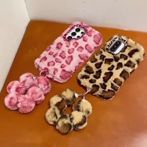 Fashion Leopard Print Plush Phone Case for Samsung Galaxy S23 S24 S25 S26 Ultra Plus With Strap Lens Bracket Shockproof Cover