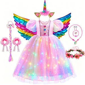 Kids Unicorn Costume LED Light Up Dress Sparkly Sequin Tulle Gown for Girls Fancy Dress for Wedding Guest Pageant Carnival