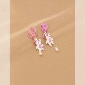 Pink Ribbon Knot Rabbit Pearl Earrings Sweet Cute Girl Heart No Piercing Ear Clip Women Fashion Jewelry Accessories