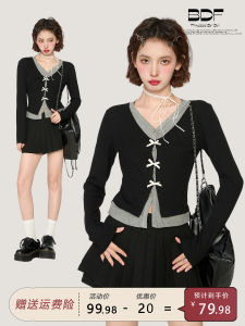 Áo Len Dệt Kim Cổ Chữ V Màu Đen Cho Nữ Áo Ngắn Dáng Ôm Tay Dài Áo Lót Bên Trong Áo Khoác Ngoài Thời Trang Thu Đông