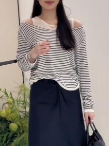 QINGNAER | Off-Shoulder Striped Contrast T-Shirt Womens Large Size