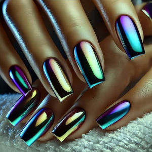 Medium Long Fake Nails for Women Girls Holographic Plated Gradient Blue Green Purple Square Almond Tips Press On False Nail Art