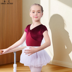 New Childrens Gold Velvet Dance Suit Short Sleeve Gymnastics Ballet Shape Training Clothes for Girls Ballet Uniforms