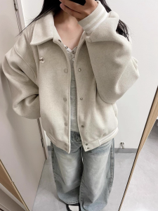 American Retro Lazy Style Womens Woolen Baseball Jacket Autumn Winter Design Sensation Niche College Wind Open Cardigan Jacket