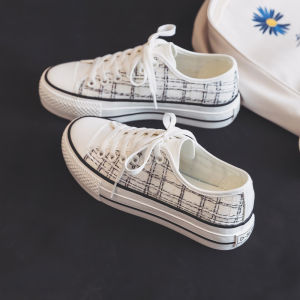 Giày Vải Đế Dày Mùa Thu Cho Nữ Giày Thường Ngày Thời Trang Đa Năng Phong Cách Hàn Quốc Đế Cao Su Mũi Tròn Họa Tiết Kẻ Caro