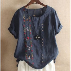 Loose Cotton Linen Embroidered Casual T-Shirt Womens Fashionable Short Sleeve Top Comfortable round Neck Multi-Button Closure