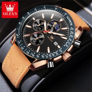 OLEVS official original authentic new mens watch waterproof luxury brand fashion business sports leisure multi-functional luminous calendar quartz watch leather strap gift for boyfriend