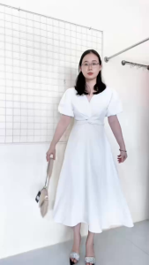 Đầm thiết kế đi tiệc cổ V xoắn eo tay phồng - TK2763