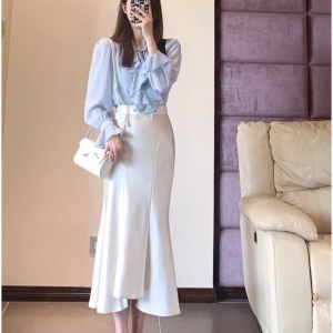 Acetate Satin Fish Tail Half Skirt Womens Spring Summer Autumn White Medium Length Wrap around Skirt Casual High Waist Design