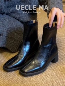 MASHUJIA | Short Ankle Boots Small Height French Style Thick Heels Slim Legs