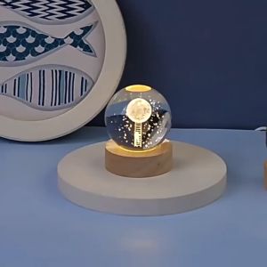 Nightlight Sleep Light Creative 3D LED Crystal Ball Wooden base USB Power Bedroom nightlight Sleep light Sun Moon Bear Starry sky Dream decoration birthday gift for boys and girls