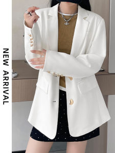 YAMIANNV | แจ็คเก็ตสูทสีขาวสำหรับผู้หญิง ทรงหลวมสบาย ๆ ฤดูใบไม้ร่วง 2024 เสื้อคลุมกันหนาวแบบลำลอง สไตล์สูท ทรงเข้ารูป สัมผัสระดับไฮเอนด์