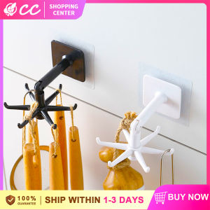 Creative 360Rotatable Kitchen Wall-mounted 6 In 1 Hooks Self Adhesive No Drilling Top/Side-hanging Home Bathroom Closet Cabinet Organizer Holder