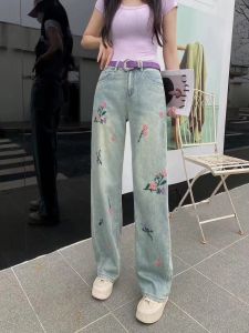 Basha Hong Kong Flower Card Wide Leg Jeans Embroidered Straight Cut Versatile Floral Print Casual Loose Fit Spring Summer