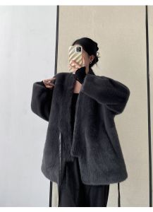 Winter New Womens V-Neck Fur Coat Artificial Mink Long Jacket Eco-friendly Leather Fur Integrated Medium-Length Korean Style