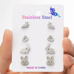 4Pairs/Lot 2024 Stainless Steel Bunny Rabbit Earrings for Women Cute Animal Stud Earring Everyday Jewelry Easter Gift