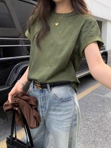 American Retro round Neck Short Sleeve T-Shirt Womens Loose Green Versatile Simple Top Summer Fashion Casual Cotton Tee