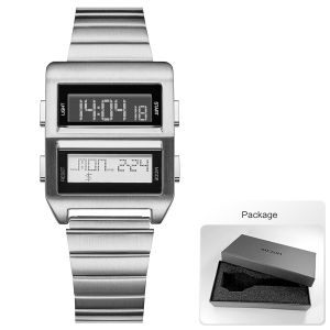 MEGIR Mens Cyberpunk Retro Driver Watch with Dual-Screen Digital Dial Sports Waterproof Wristwatch with Stainless Steel Strap