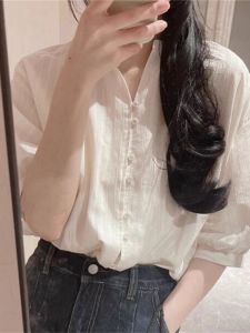 New Chinese Style White Linen Womens Shirt Thin Five-Quarter Sleeve Breathable Summer Design Sensation V-neck Commute Wear
