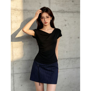 PIAOYA | Áo Thun Tunic Ôm Body Mùa Hè Cổ Asymmetric
