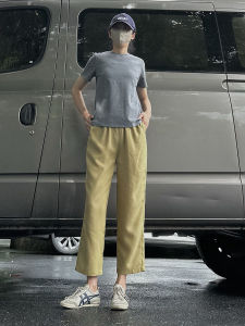 Comfortable Breathable High Waist Yellow Casual Trousers for Women Lyocell Fiber Ultra-Thin Style Asymmetry Details Pocket Length