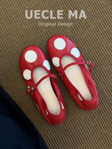 MASHUJIA | Soft Lamb Skin Leather Mary Jane Ballet Flats Red Polka Dot Round Toe Vintage