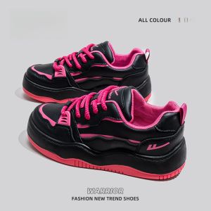 Warrior | Womens Casual Thick Bottom Sneakers Spring Autumn New Style Black Pink Dopaamine Matching Shoes Youth Round Toe Rubber Outsole