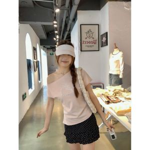 Dopamine Hot Girl Short Sleeve T-Shirt Women Summer 2025 Slim Fit Short Length Asymmetrical Shoulder Beautiful Top