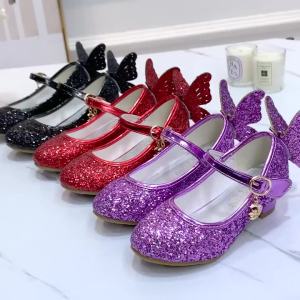 Princess Butterfly Leather Shoes Kids Diamond Bowknot High Heel Children Girl Dance Glitter Shoes Fashion Girls Party Dance Shoe